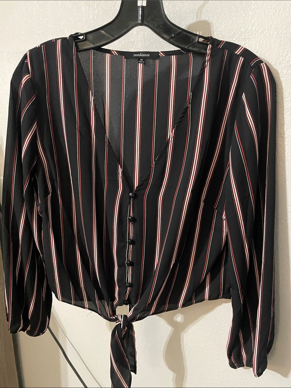 Black Striped Tie-Front Blouse - Red/White Stripe